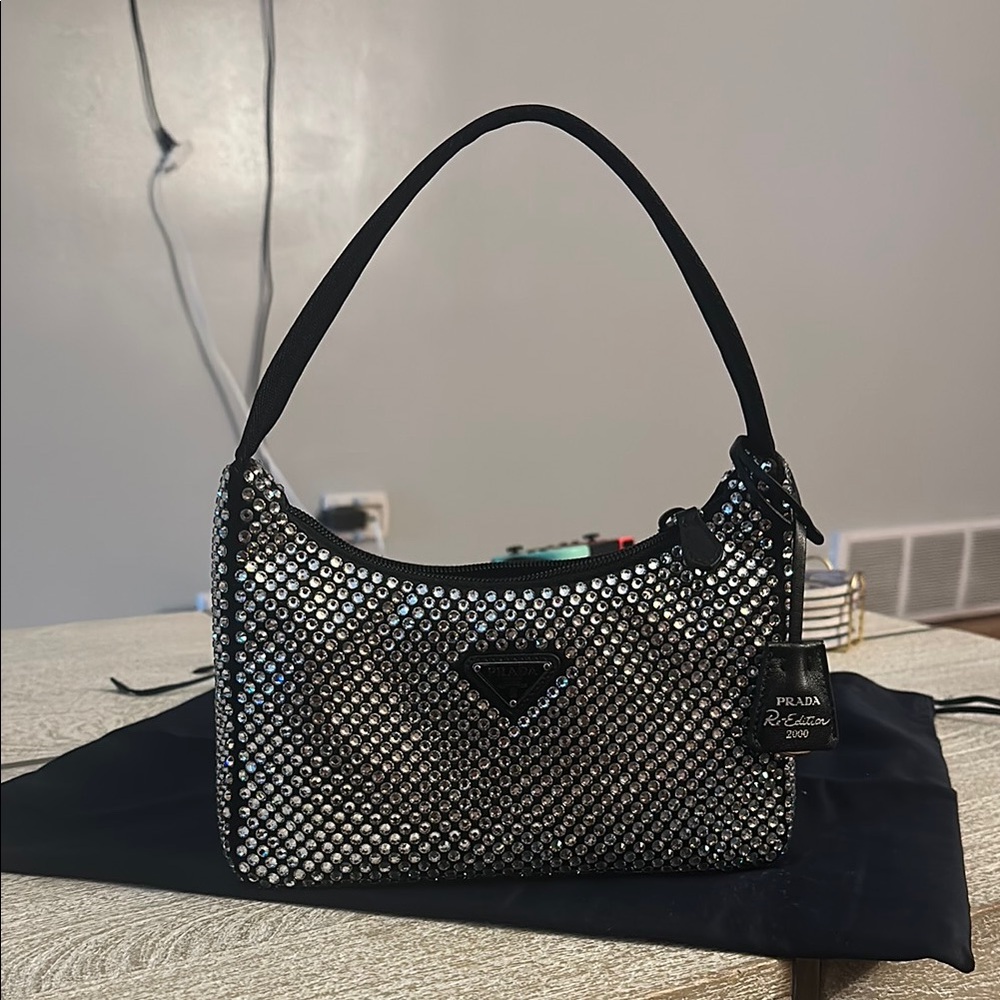 Prada Re-Edition 2000 Black Satin Mini Bag w/ Crystals - Picture 2 of 13